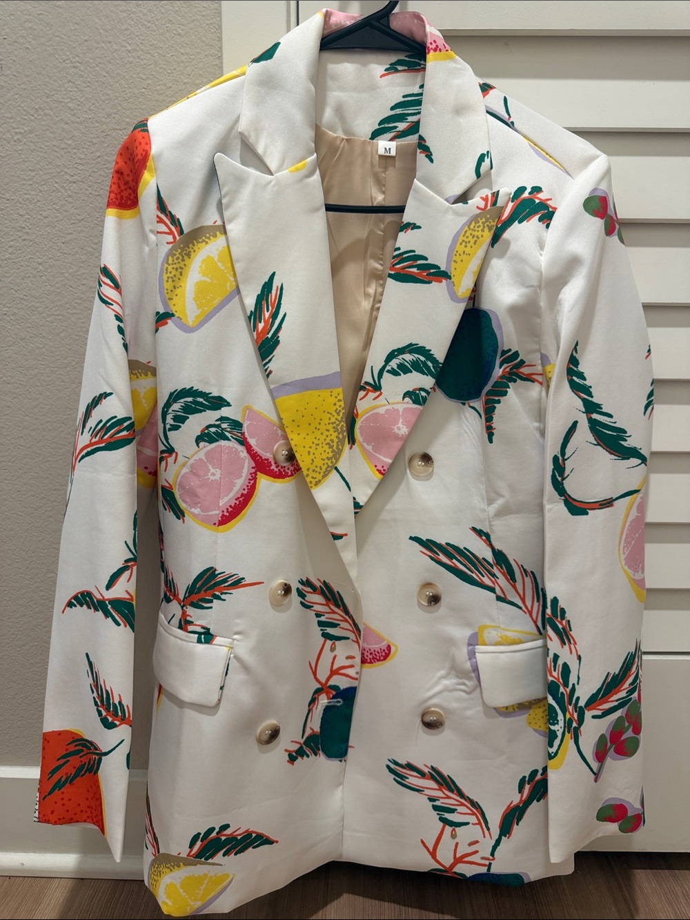 Cream Tropical-Print Double-Breasted Blazer